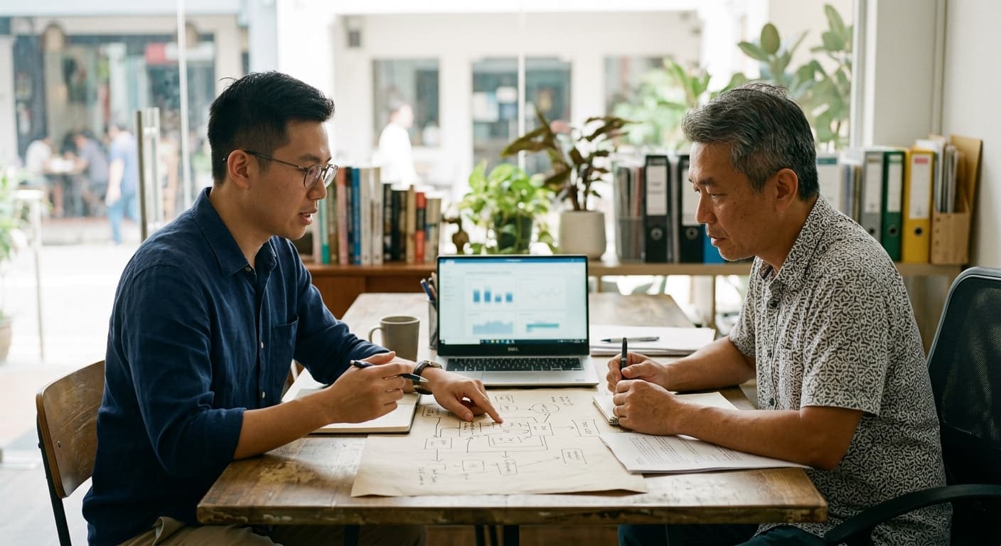 Two people working through a process diagram at a table