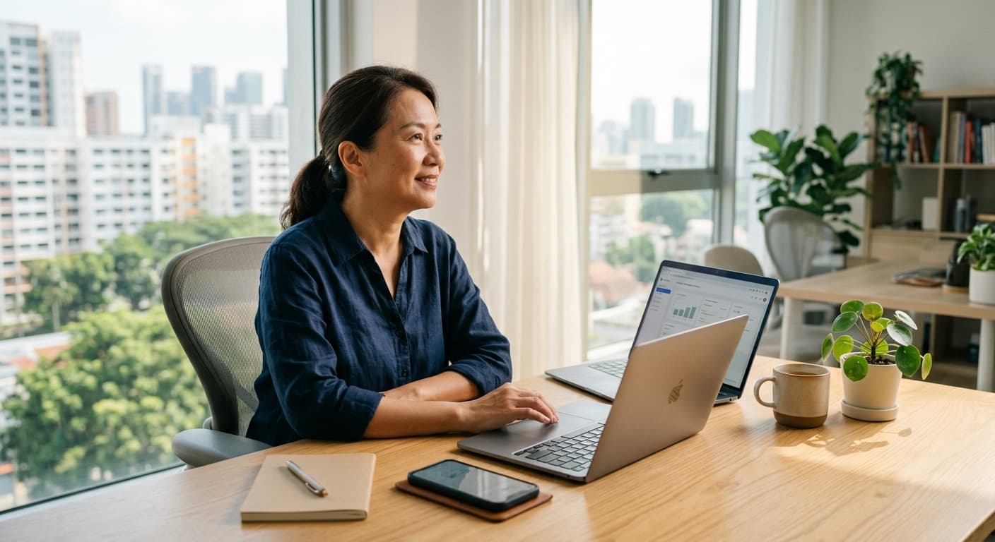 A Singapore small business owner working at her desk